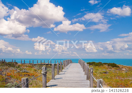 The wooden stairway at the rocky seashore on a sunny day. Polvoeira the beach. Pataias, Portugal, Europe The wooden stairway at the rocky seashore on a sunny day. Polvoeira the beach. Pataias, Portugal, Europe 141526228