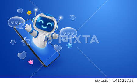 Chatbot robot peeking out from the smartphone screen Chatbot robot peeking out from the smartphone screen 141526713