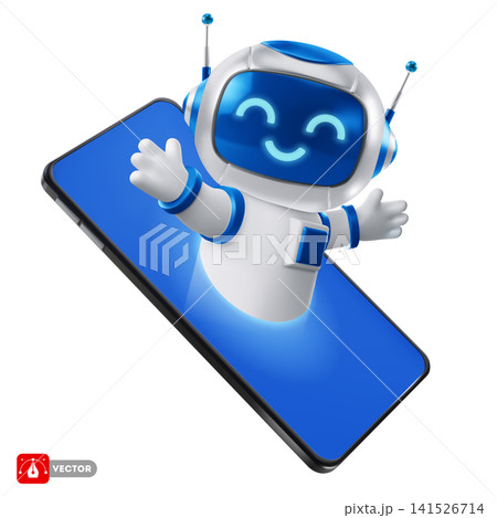Chatbot robot peeking out from the smartphone screen Chatbot robot peeking out from the smartphone screen 141526714