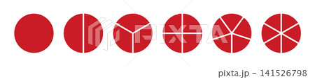 Red circle division into 1 to 6 equal parts. Wheel-shaped infographic diagrams, minimalist icon set, coaching blank template, pizza and pie chart layouts. Red circle division into 1 to 6 equal parts. Wheel-shaped infographic diagrams, minimalist icon set, coaching blank template, pizza and pie chart layouts. 141526798