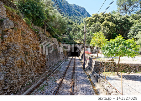 Vintage train in Soller, Mallorca, Spain - on the way to Soller - public transport transit transportation railway Vintage train in Soller, Mallorca, Spain - on the way to Soller - public transport transit transportation railway 141527029