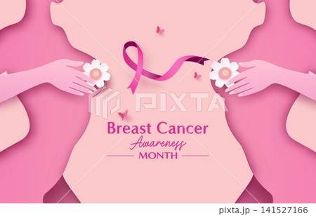 Breast Cancer Awareness Women Supporting Pink Ribbon Healthcare Campaign Banner Vector 141527166