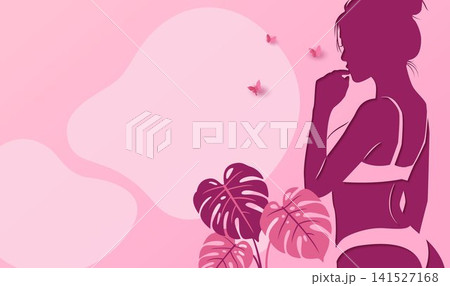 Elegant Woman Silhouette with Tropical Leaves on Soft Pink Background for Women's Wellness and Beauty Concepts 141527168