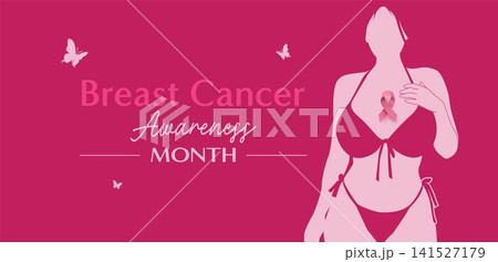Breast Cancer Awareness Month Poster with Woman in Pink Swimwear and Pink Ribbon Breast Cancer Awareness Month Poster with Woman in Pink Swimwear and Pink Ribbon 141527179