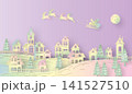 Santa Claus Flying over a Pastel Winter Village Paper Cut Landscape Vector 141527510