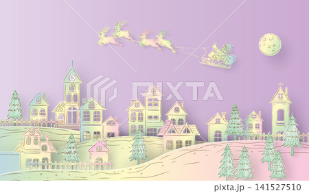 Santa Claus Flying over a Pastel Winter Village Paper Cut Landscape Vector 141527510