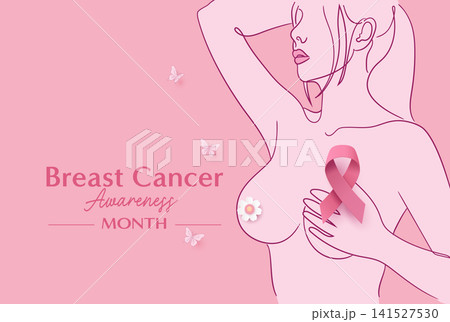Breast Cancer Awareness Month Poster with Woman and Pink Ribbon Healthcare Illustration Breast Cancer Awareness Month Poster with Woman and Pink Ribbon Healthcare Illustration 141527530