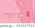 Breast Cancer Awareness Month Poster with Female Silhouette and Pink Ribbon 141527533