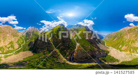 360 VR panorama of majestic mountain peaks with winding river waterfall in sunny valley 360 VR panorama of majestic mountain peaks with winding river waterfall in sunny valley 141527585