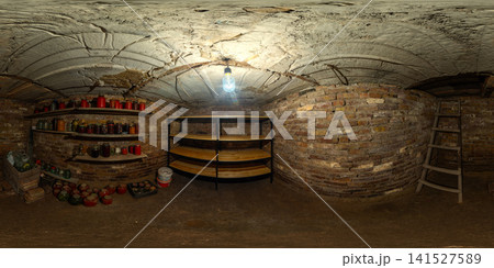 Rustic Cellar Interior with Preserved Food and Ladder, 360 degrees equirectangular panorama Rustic Cellar Interior with Preserved Food and Ladder, 360 degrees equirectangular panorama 141527589