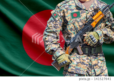Bangladesh flag with soldier holding assault rifle 141527641