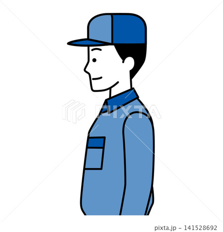 真横を向くつなぎ作業服の男性 真横を向くつなぎ作業服の男性 141528692
