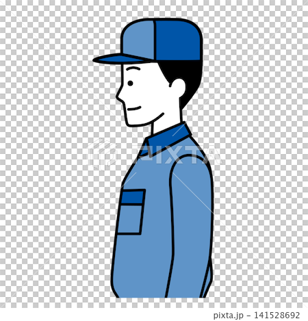 真横を向くつなぎ作業服の男性 真横を向くつなぎ作業服の男性 141528692