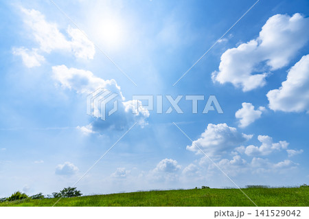 夏の青空と雲と草原 夏の青空と雲と草原 141529042