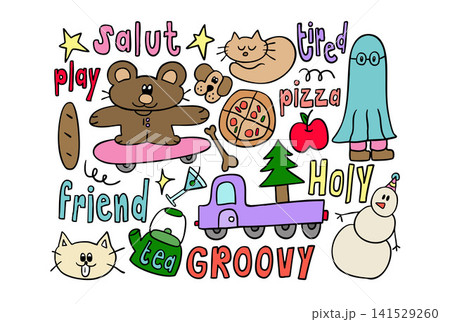 Vector illustrations of kid drawing elements such as teddy bear playing skateboard, bread loaf, pizza, cat, apple, truck carrying Christmas tree, snowman, tea pot, champagne glass, stars, play letters Vector illustrations of kid drawing elements such as teddy bear playing skateboard, bread loaf, pizza, cat, apple, truck carrying Christmas tree, snowman, tea pot, champagne glass, stars, play letters 141529260