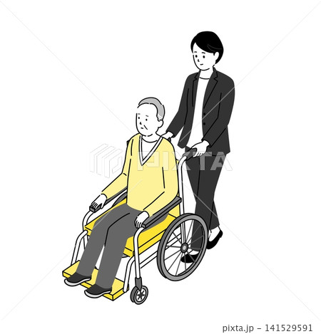 車椅子に乗る高齢男性とスーツ姿の女性のイラスト 車椅子に乗る高齢男性とスーツ姿の女性のイラスト 141529591