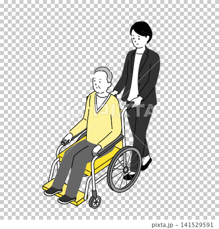 車椅子に乗る高齢男性とスーツ姿の女性のイラスト 車椅子に乗る高齢男性とスーツ姿の女性のイラスト 141529591