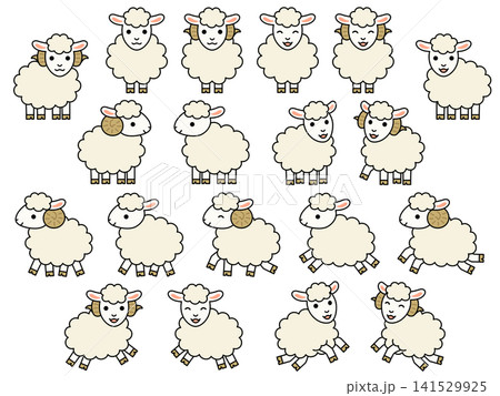 線画つきの羊のキャラクターのイラストセット 線画つきの羊のキャラクターのイラストセット 141529925