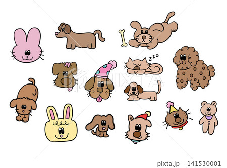 Vector illustrations of various puppy breeds, bear, bunny and cat for pet shop, vet, dog cartoon, kitten, rabbit, easter, plush toy, kid doll, adopt and rescue animals, foster home, shelter, costume 141530001