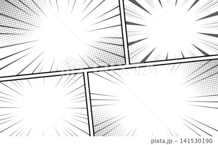 Comic book page background with radial rays and halftone effect. Black and white vector illustration Comic book page background with radial rays and halftone effect. Black and white vector illustration 141530190