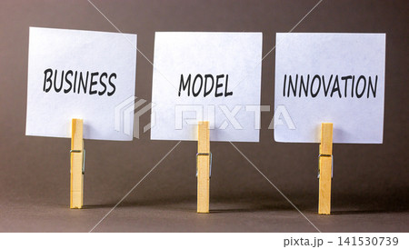 Business model innovation symbol. Concept words Business model innovation on beautiful white papers on wooden clothespin. Beautiful grey background. Business model innovation concept. Copy space. 141530739