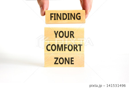 Finding your comfort zone words symbol. Concept words Finding your comfort zone on beautiful wooden blocks. Beautiful white background. Psychological finding your comfort zone concept. Copy space. 141531496