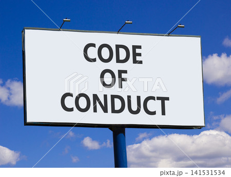 Code of conduct words symbol. Concept words Code of conduct on beautiful big white billboard. Beautiful blue sky and clouds background. Business Code of conduct concept. Copy space. 141531534