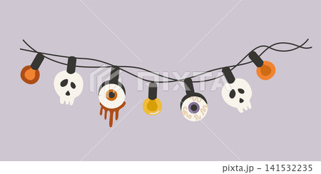 Hand-drawn Halloween garland string light with skull, bloody eyeball for seasonal decor, party, packaging, banner Hand-drawn Halloween garland string light with skull, bloody eyeball for seasonal decor, party, packaging, banner 141532235