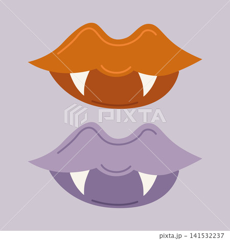 Hand-drawn Halloween scary cute isolated illustration of vampire lips and teeth for packaging, cards, party decor Hand-drawn Halloween scary cute isolated illustration of vampire lips and teeth for packaging, cards, party decor 141532237