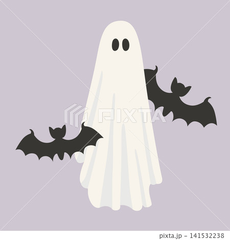 Hand-drawn Halloween card with spooky cute ghost and bats for seasonal decor, packaging, special holiday offer, poster, invitation 141532238