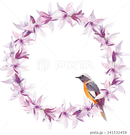 Watercolor magnolia flower wreath with blooming blossoms, flower buds and songbird. Elegant botanical floral frame with copy space for wedding invitations, stationery, branding and greeting cards Watercolor magnolia flower wreath with blooming blossoms, flower buds and songbird. Elegant botanical floral frame with copy space for wedding invitations, stationery, branding and greeting cards 141532459