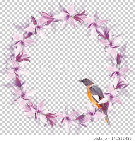 Watercolor magnolia flower wreath with blooming blossoms, flower buds and songbird. Elegant botanical floral frame with copy space for wedding invitations, stationery, branding and greeting cards Watercolor magnolia flower wreath with blooming blossoms, flower buds and songbird. Elegant botanical floral frame with copy space for wedding invitations, stationery, branding and greeting cards 141532459