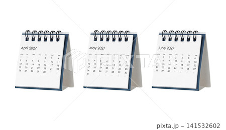 Three Desk Calendars for 2027 Months of April, May, and June Isolated on White Background Three Desk Calendars for 2027 Months of April, May, and June Isolated on White Background 141532602