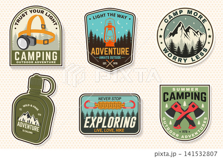 Vintage Camping Badge Collection Vector Set. Outdoor Adventure emblems with tourist canteen flask, lantern, paracord bracelet, mountain, hiking and survival designs. Vintage Camping Badge Collection Vector Set. Outdoor Adventure emblems with tourist canteen flask, lantern, paracord bracelet, mountain, hiking and survival designs. 141532807