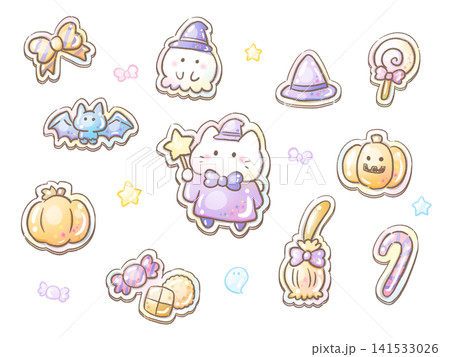 ハロウィン パステルカラーのぷくぷく立体シール素材セット 白猫とオバケ ハロウィン パステルカラーのぷくぷく立体シール素材セット 白猫とオバケ 141533026