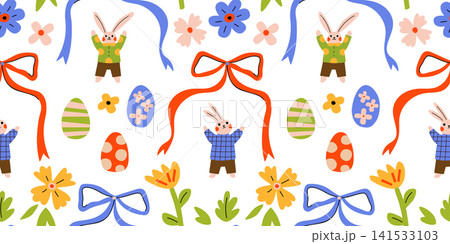 Cute Easter bunny, decorative eggs, flowers, ribbons, vector seamless pattern. Scandinavian folk style. Fabric, wrapping paper, wallpaper, nursery decor, textiles, stationery, spring holiday designs Cute Easter bunny, decorative eggs, flowers, ribbons, vector seamless pattern. Scandinavian folk style. Fabric, wrapping paper, wallpaper, nursery decor, textiles, stationery, spring holiday designs 141533103