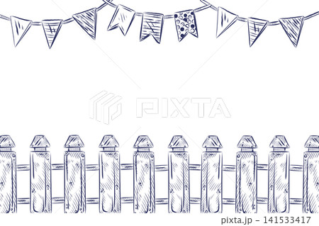A wooden fence and hanging flags, hand-drawn in ink. A nautical-themed illustration for a holiday invitation or greeting card. Vector illustration A wooden fence and hanging flags, hand-drawn in ink. A nautical-themed illustration for a holiday invitation or greeting card. Vector illustration 141533417
