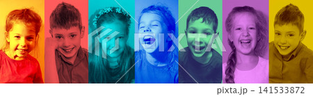 Collage. Childhood Happiness. Playful children's portraits with vibrant duoton color Collage. Childhood Happiness. Playful children's portraits with vibrant duoton color 141533872