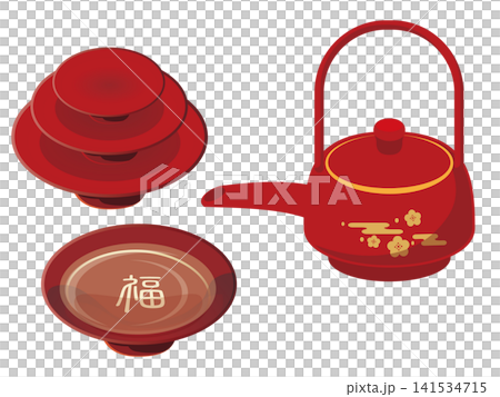 お屠蘇セットと盃の和風イラスト 縁起の良い赤塗りの屠蘇器と日本酒素材 141534715