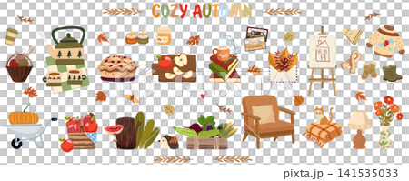 Cozy Autumn Collection. Vector Set of Cozy Fall Home, Kitchen and Cottage Elements 141535033