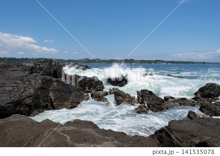 三浦半島 城ヶ島の岩に打ち寄せる荒波 波しぶき 三浦半島 城ヶ島の岩に打ち寄せる荒波 波しぶき 141535078