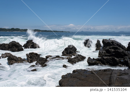 三浦半島 城ヶ島の岩に打ち寄せる荒波 波しぶき 三浦半島 城ヶ島の岩に打ち寄せる荒波 波しぶき 141535104