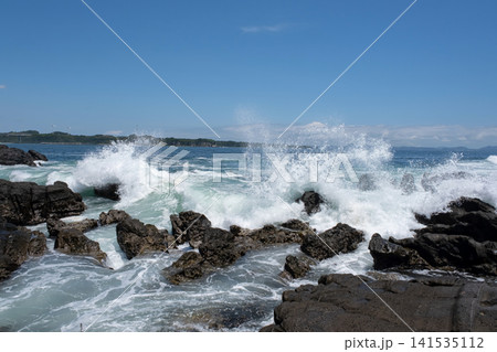 三浦半島  城ヶ島の岩に打ち寄せる荒波  波しぶき 141535112