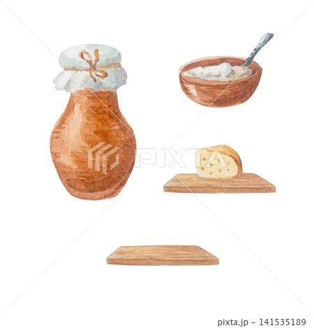 Watercolor rustic dairy farm food set. Isolated hand drawn clay pot, cottage cheese bowl and wooden board illustration element collection for cottagecore country design. Realistic drawing Watercolor rustic dairy farm food set. Isolated hand drawn clay pot, cottage cheese bowl and wooden board illustration element collection for cottagecore country design. Realistic drawing 141535189