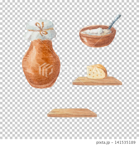Watercolor rustic dairy farm food set. Isolated hand drawn clay pot, cottage cheese bowl and wooden board illustration element collection for cottagecore country design. Realistic drawing Watercolor rustic dairy farm food set. Isolated hand drawn clay pot, cottage cheese bowl and wooden board illustration element collection for cottagecore country design. Realistic drawing 141535189