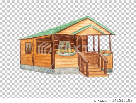 Watercolor rustic wooden farm cabin house. Isolated hand drawn timber cottage illustration element for cottagecore country design. Realistic detailed rural log home building drawing Watercolor rustic wooden farm cabin house. Isolated hand drawn timber cottage illustration element for cottagecore country design. Realistic detailed rural log home building drawing 141535198