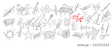 A set of musical instruments in one line . Hand drawn. Not AI, vector illustration. A set of musical instruments in one line . Hand drawn. Not AI, vector illustration. 141535254