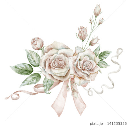 Watercolor Rose Bouquet with ribbons on isolated background. Romantic floral arrangement with soft pastel flowers and elegant decorative details for wedding stationery, invitations, feminine design. 141535336