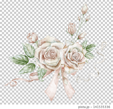 Watercolor Rose Bouquet with ribbons on isolated background. Romantic floral arrangement with soft pastel flowers and elegant decorative details for wedding stationery, invitations, feminine design. 141535336