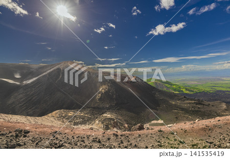 Viewpoint of the Cerro Negro volcano surrounded by vegetation. Scenic view of Cerro Negro, Nicaragua 141535419